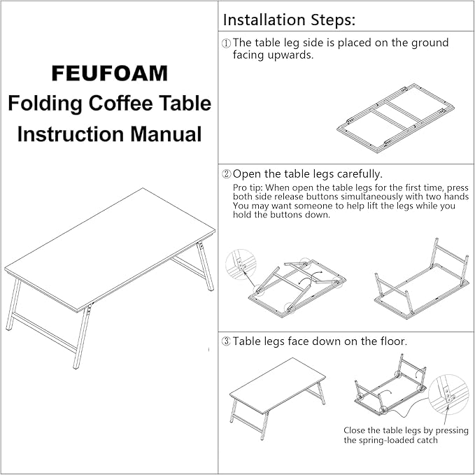 Foldable Coffee Tables for Small Spaces Portable Wooden Low Table with Metal Legs No Assembly Rectangular Coffee Table for Living Room Home, Office, Space Saving, Black Gold