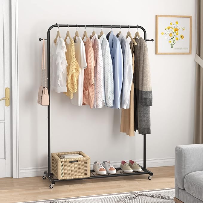 Sywhitta Clothing Rack on Wheels with Mesh Storage Shelf & Sturdy Metal Frame, Rolling Garment Rack for Hanging Clothes, Coats, Skirts, 39.76" L x 16" W x 64.56" H,Black