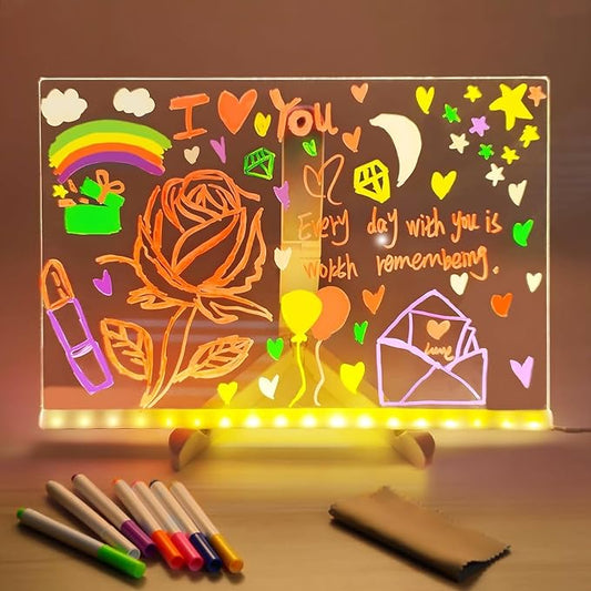 Acrylic Dry Erase Board with Light, 11.8"x7.9" 7 Colors Pen Neon Glow Memo LED Light-Up Message Note Board with Stand as Night Light,Led Message Board Placement at Home Company and Bar