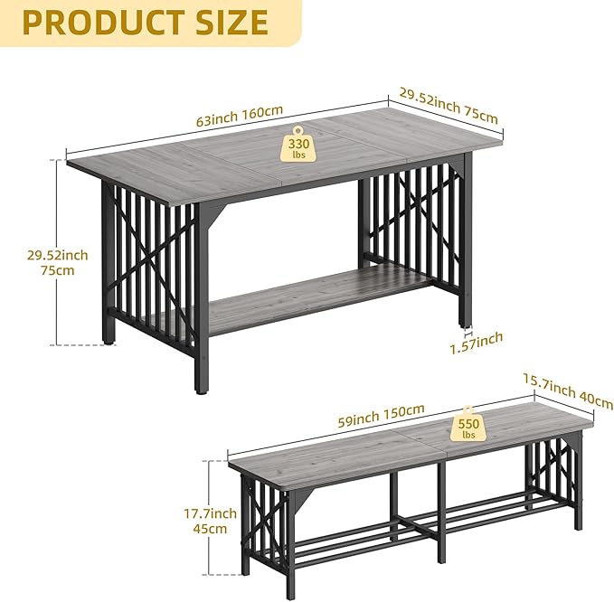DWVO 3-Piece Dining Table Set for 4-6 People, 63" Dining Room Table with 2 Benches, Industrial Rectangular Dining Room Table Set with Storage for Kitchen, Dining Room, Grey