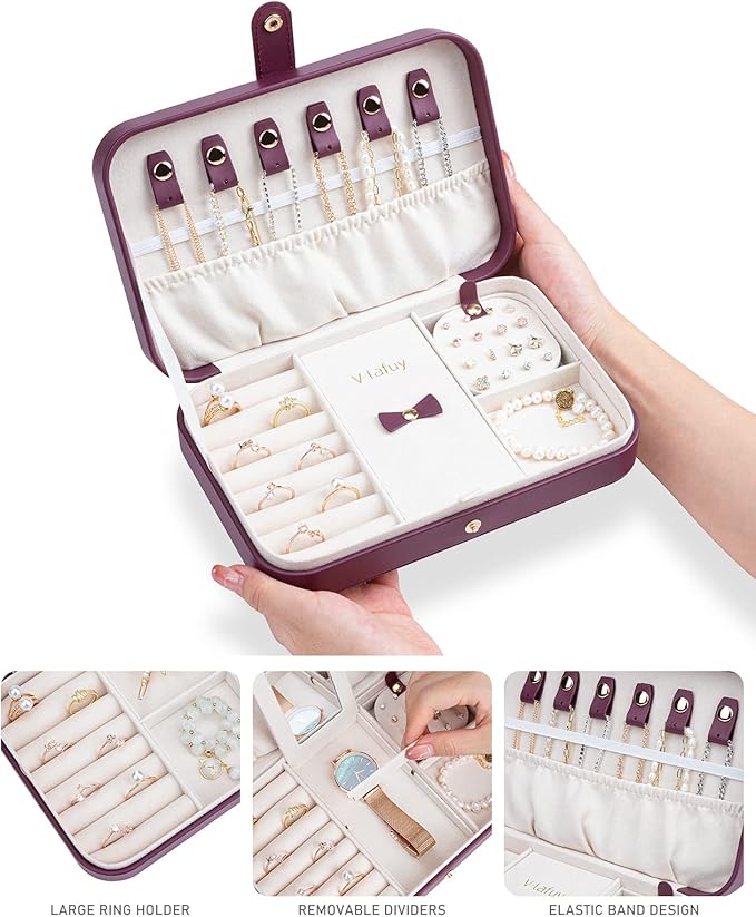 Jewelry Travel Organizer, Travel Jewelry Box Portable, Small Travel Jewelry Case with Mirror, PU Leather Small Jewelry Box for Women, Burgundy Red B