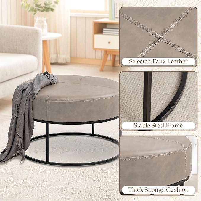 Modern Round Coffee Table, Farmhouse Ottoman Coffee Tables for Living Room, Large Vintage Leather Tables with Leather Upholstered Padded Seat [Round, Taupe, 30'']