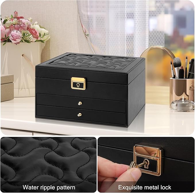 DesignSter Jewelry Box,Jewelry Organizer with 2 Drawers, 3 Layers Leather Jewelry Storage Box with Lock, Jewelry Storage Case for Necklaces Earrings Bracelets and Rings（Black）