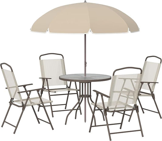 Outsunny 6 Piece Patio Dining Set for 4 with Umbrella, Outdoor Table and Chairs with 4 Folding Dining Chairs & Round Glass Table for Garden, Backyard and Poolside, Beige