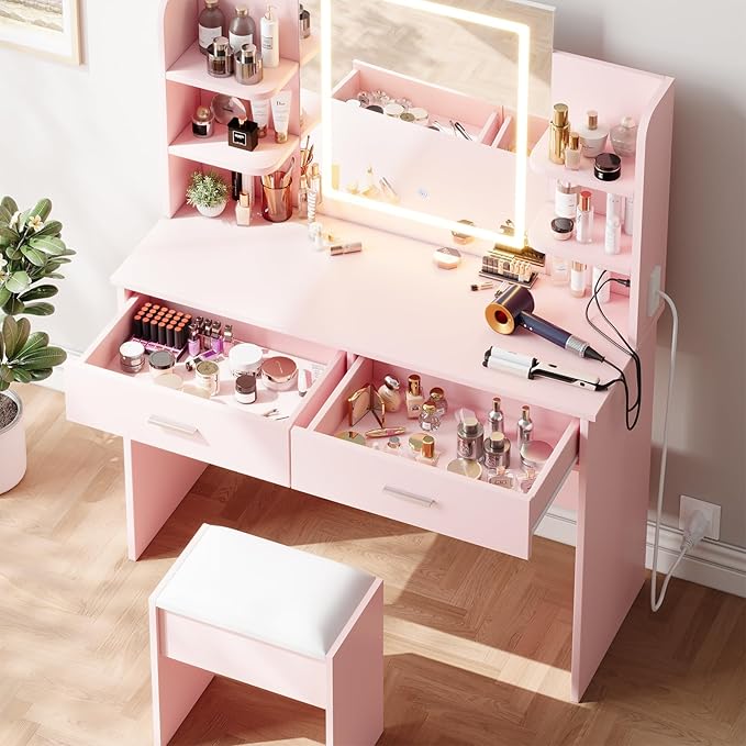 GAOMON Makeup Vanity Desk with Lights and Mirror, Vanity Table with 3 Lighting Modes, Storage Drawer, Shelves, Charging Station and Included Stool for Bedroom, Pink