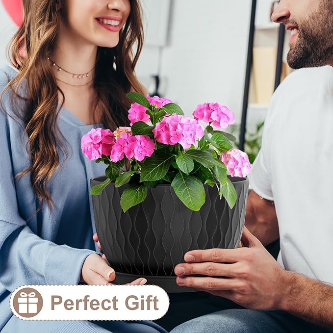 12 Inch Large Plant Pots for Indoor or Outdoor Plants, Wide Water Ripples Flower Pots with Drainage Holes & Saucer, Plastic Planters Set for Garden & Home Decor (Black)