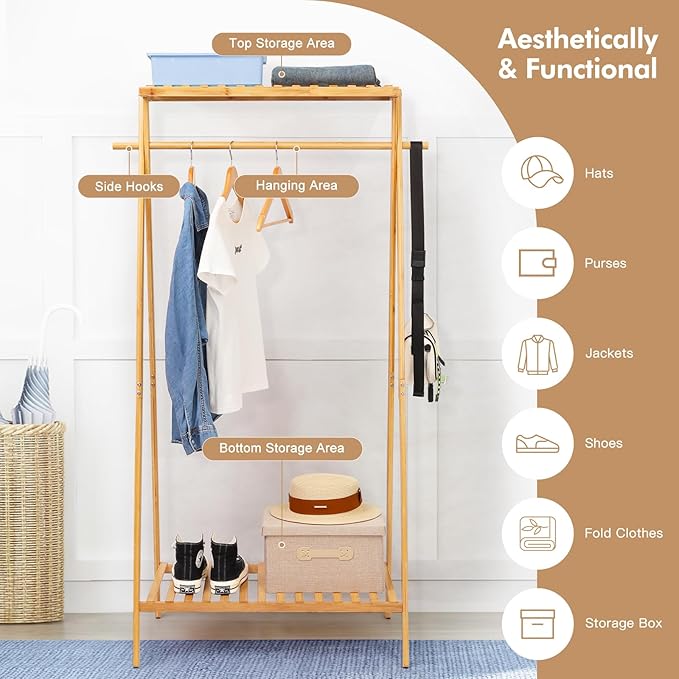 Bamboo Clothing Garment Rack with 2 Tier Storage Shelf Clohes Hanging Stand Portable Closet Organizer for Bedroom Small Apartment Guest Room Laundry Room