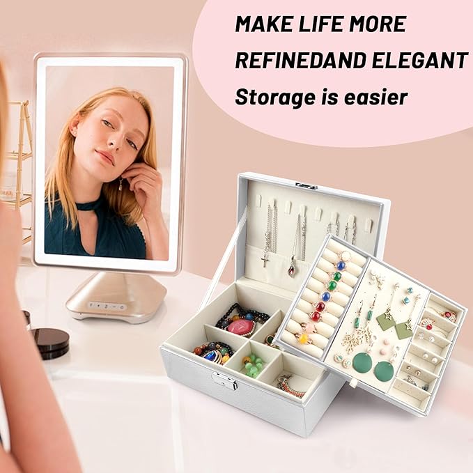 Homeanda Jewelry box 2 layer Jewelry box Leather Jewelry boxes for Women Girls Teens Jewelry organizer box Jewelry Storage box with lock(White)