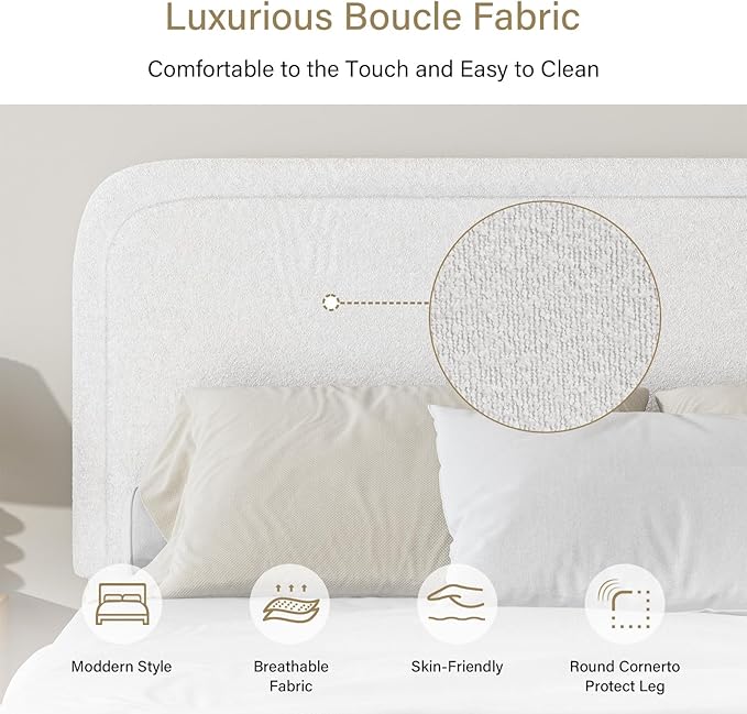 BarnFurin Queen Bed Frame with Headboard, Boucle Upholstered Platform Bed Frame, Luxurious Soft Rounded Corners, No Box Spring Required, Easy Assembly, White
