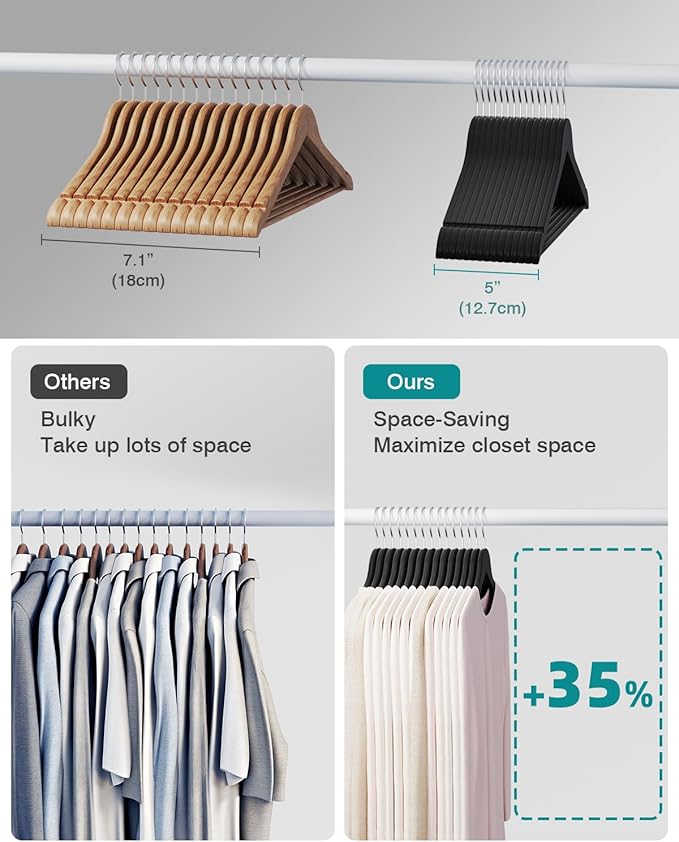 30 Pack Wooden Coat Hangers, 360° Swivel Hook, Suit Hangers with Anti-Slip Notches, Clothes Hangers for Jackets, Shirts, Dress, Black UAWY0530B