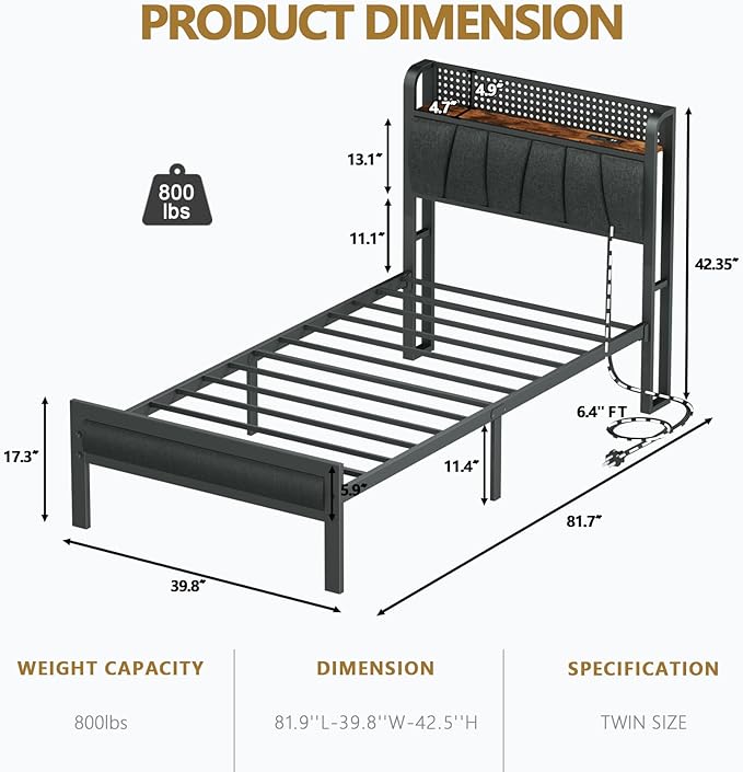 Furnulem Twin Size Bed Frame with LED Light and Charging Station, Grey Upholstered Storage Headboard with Shelf, Metal Platform Bed with Heavy Duty Slats, No Box Spring Needed, Noise Free