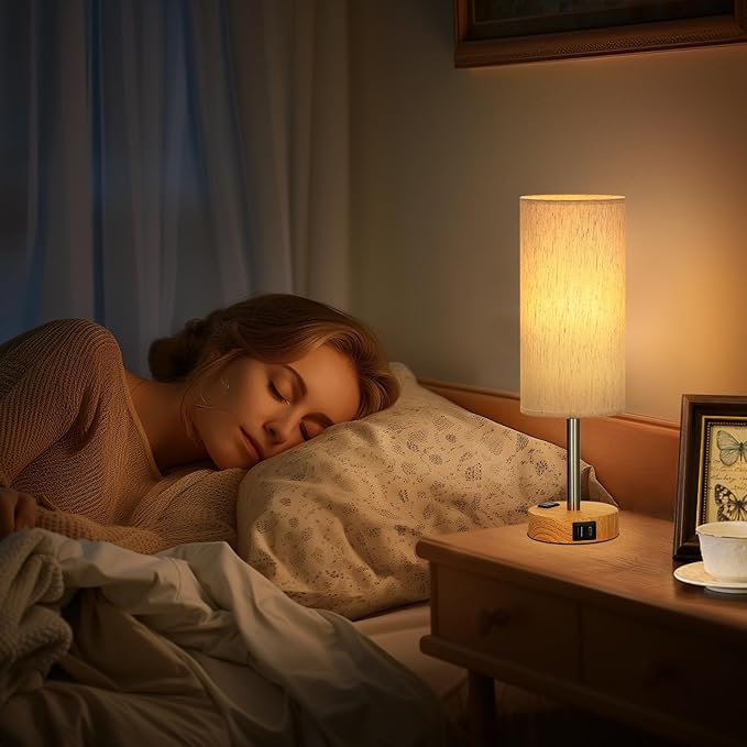 Small Touch Table Lamps Set of 2-3-Way Dimmable, USB A + C Charging, AC Outlet, Wood Grain Base, Bulbs Included