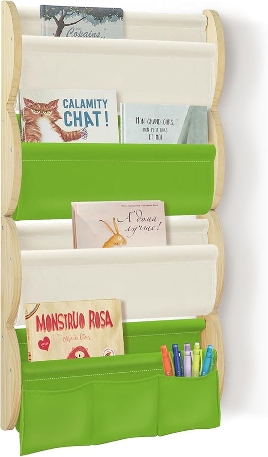 Wooden Wall Mounted Bookshelf for Kids Rooms, 4 Tier Floating Nursery Book Shelf, Kids Bookshelf with 2 Pockets, Toddler Sling Book Rack with Deep Sleeves (Green)