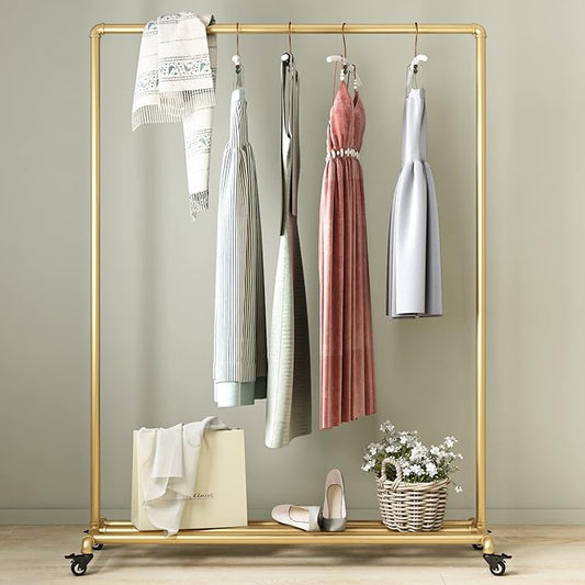 Industrial Gold Clothing Racks on Wheels, Boutique Display Gold Clothes Rack with Shelf, Rolling Garment Rack for Retail Use
