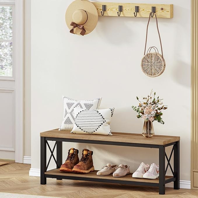 BON AUGURE Entryway Bench, Farmhouse Shoe Benches, Wooden Metal Entry Storage Bench with Shelf for Mudroom, Bedroom, Hall (47 inch Wide, Vintage Oak)