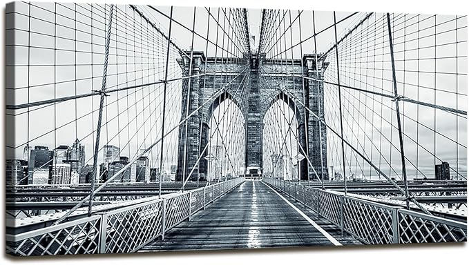 DZL Art Q70775 Black and White New York City Brooklyn Bridge Wall Art Painting Wall Art Canvas Prints Painting Picture Stretched and Framed For Living Room Decor Office Wall Decor Home Decoration