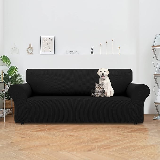 LURKA Stretch Oversized Sofa Slipcovers 1 Piece Couch Covers for 3 Cushion Couch Sofa Furniture Protector Full Sofa Covers with Elastic Bottom for Kids and Pet (X-Large, Black)