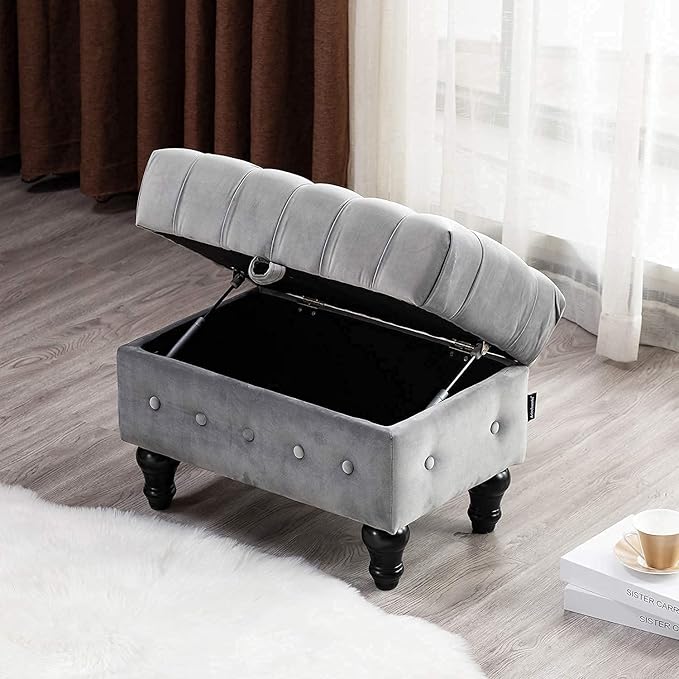 Artechworks Rectangular Storage Coffee Table Ottoman,Button Tufted Upholstery Footstool Bedroom Ottoman for Living Room, Home Office, Space-Saving Storage Toy Box Stool, Grey