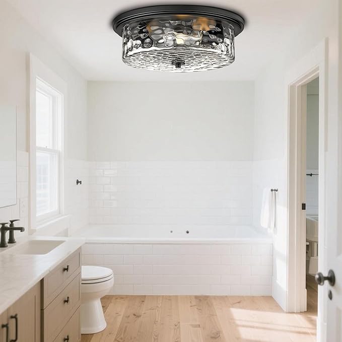 Industrial Flush Mount Ceiling Light, 16" 3-Light Modern Ceiling Light Fixture, Hammered Modern Kitchen Ceiling Light for Bedroom, Living Room, Kitchen Island (Black)