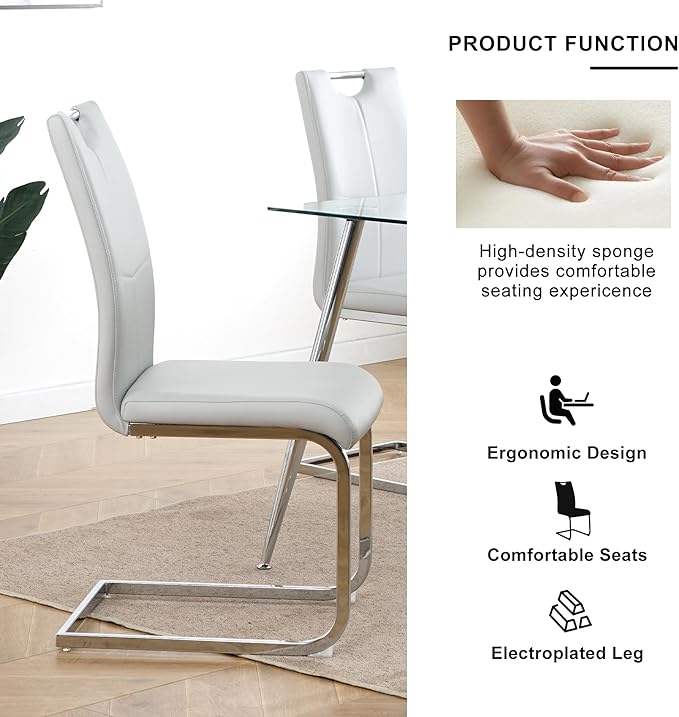 Modern Glass Dining Table Set for 6, Black Glass Kitchen Table and Chairs Set of 6, 7 Piece Dining Room Table Set with 61" Rectangular Metal Glass Dinner Table and 6 Grey Leather Dining Chairs