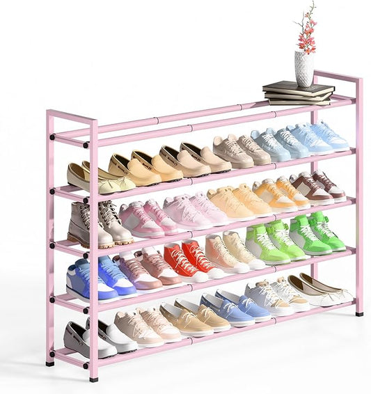 Bumusty 5-Tier Long Expandable Shoe Rack for Closet, 18"-44" Adjustable Shoe Rack for Entryway, 25-30 Pairs Large Shoe Organizer Shelf Storage, Sturdy Metal, Pink