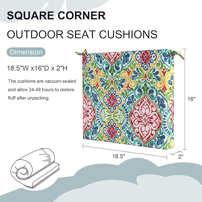 Set of 4 Outdoor Square Chair Cushions 18.5"x16"x2" for Patio, Water Resistant Patio Dining Seat Pads Replacement for Kitchen Garden and Outdoor Furniture Decoration - Damask Red