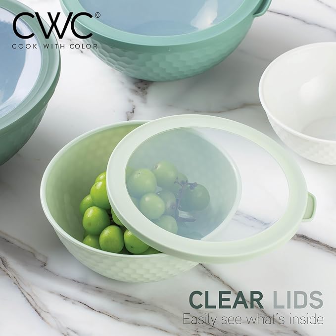 COOK WITH COLOR Mixing Bowls with Lids - 12 Piece Plastic Nesting Bowls Set includes 6 Prep Bowls and 6 Lids, Non Slip Bottom and Embossed Design - Microwave Safe (Sage)