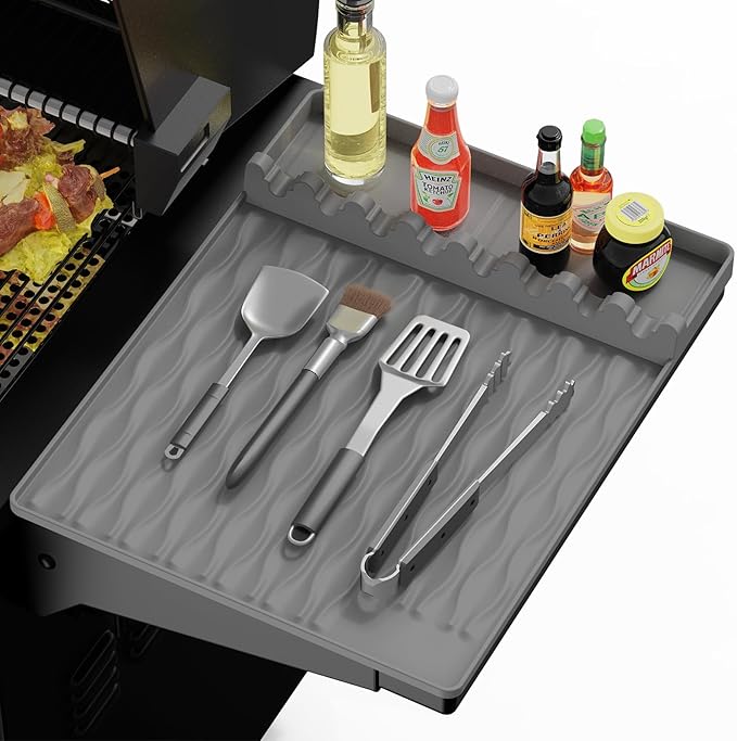 Silicone Griddle Tools Mat with Drip Pad for Blackstone – Non-Slip Spatula Rest & Side-Shelf Mat for Outdoor Grill Kitchen Counter, Heat-Resistant Grill Pad, Blackstone Griddle Accessories（Gray）