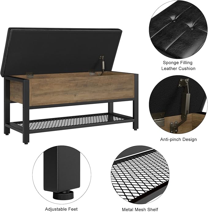 HOSTACK Storage Bench, Entryway Shoe Bench with Flip-Open Storage Box, End of Bed Ottoman Bench with Storage Shelf and Padded Seat for Bedroom, Hallway, Rustic Brown