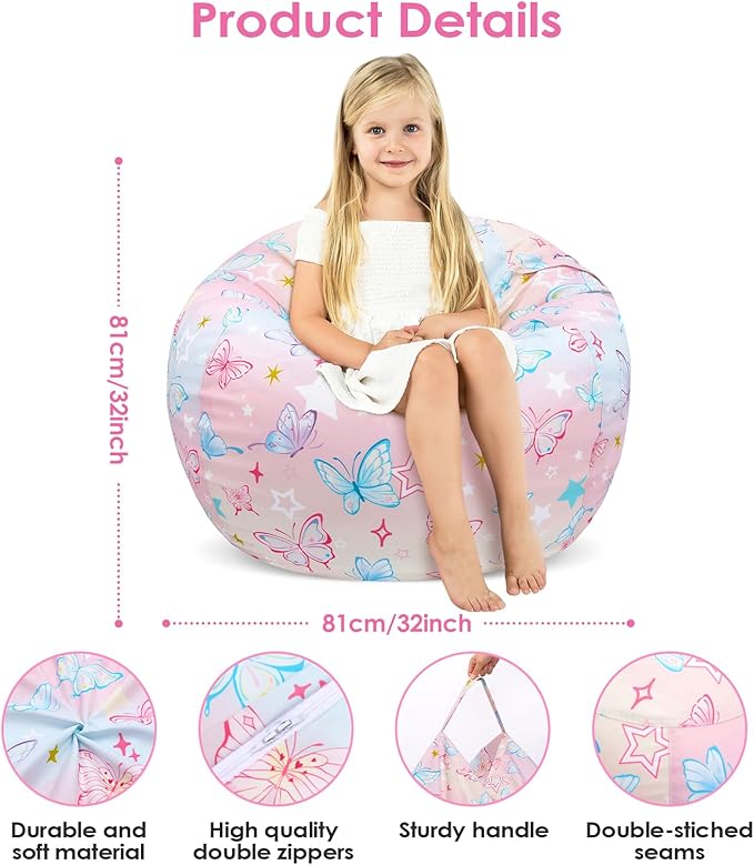 Bean Bag Chair for Kids Stuffed Animal Storage Beanbag Chairs,Toddler Toy Storage Organizer for Girls and Boys,32'' Cover Only（No Filling)