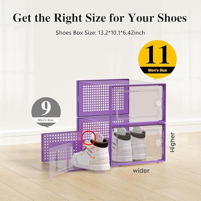 Kuject X-Large Shoe Storage Boxes Organizers Clear Plastic Stackable 12 Pack, Shoe Rack & Holder Substitute, Sneaker Containers, Toy Storage Organizer Bins for Entryway, Closet, Under Bed, Purple