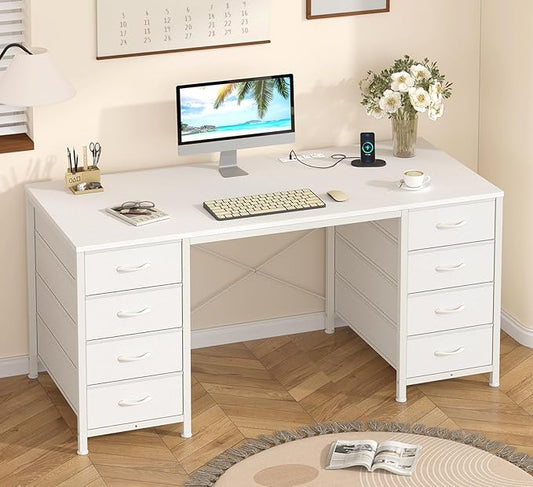 50 Inch White Computer Desk with 8 Drawers, Home Office Desk with Power Outlets, Work Study Gaming Desk with 8 Fabric Drawers, White