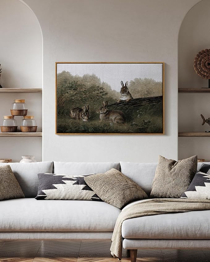 InSimSea Framed Wall Art for Living Room Three Rabbits with Vintage Wall Art Decor Animal Landscape Oil Painting Colorful Multicolor for Living Room Bedroom Office Wall Decor 24x36in