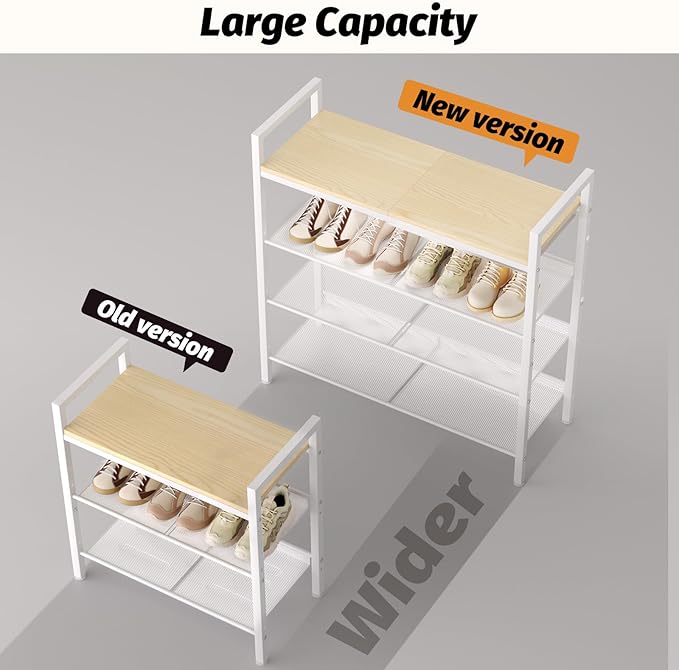 Shoe Rack for Front Door Entrance, 4 Tier Shoe Rack for Entryway, 12-16 Pairs of Shoes, Metal Shoe Racks Organizer, Free Standing Shoe Racks for Closet, Garage, Outdoor (White+Beige)