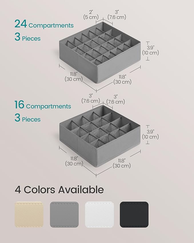 SONGMICS Set of 6 Underwear Organizers, Drawer Organizers, Dresser Closet Storage, 120 Cells (3x16+3x24), Foldable Dividers, 11.8 x 11.8 x 3.9 Inches, for Socks, Ties, Belts, Dove Gray URUS011G02