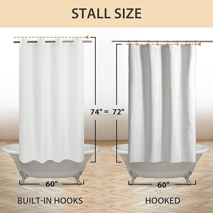 River Dream No Hook 60" Width Shower Curtain Microfiber - Soft Fabric Shower Stall Curtain Hotel Grade, Waterproof & Machine Washable, White, 60x74