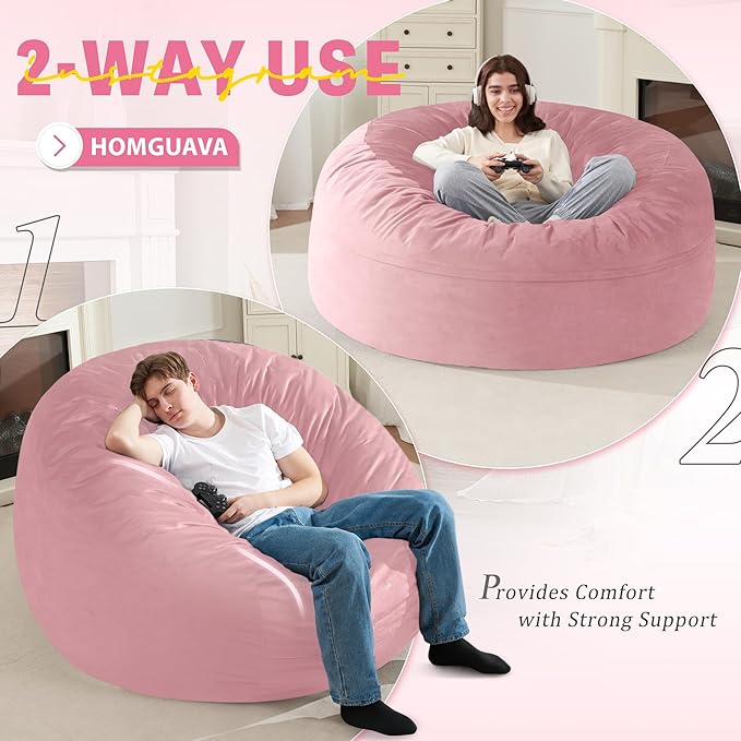 Homguava 5 FT Bean Bag Chair: 5' Bean Bags with Memory Foam Filled, Large Beanbag Chairs Soft Sofa with Dutch Velvet Cover-Light Pink