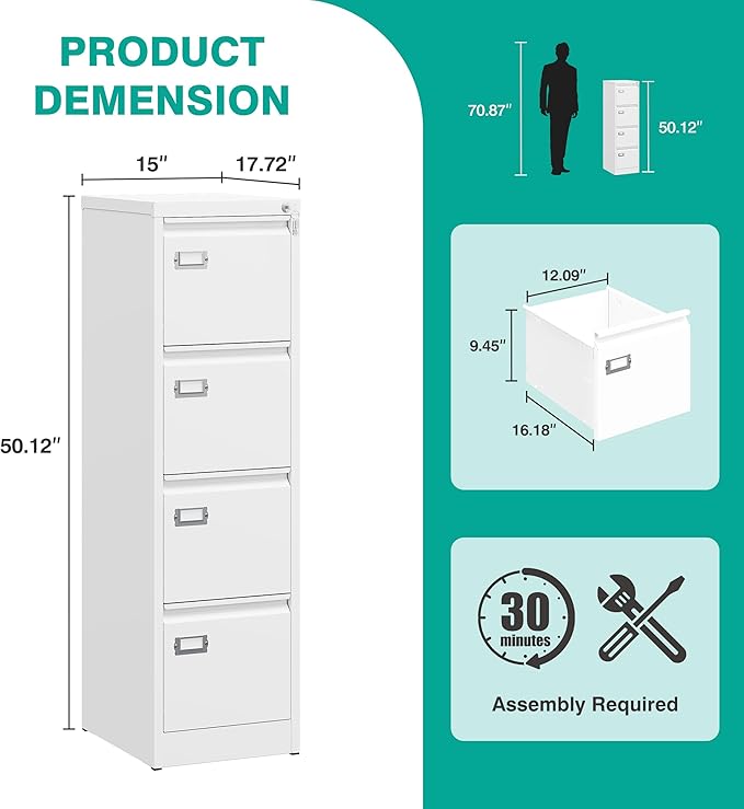 SISESOL 4 Drawer File Cabinet with Lock and Tag,White Vertical File Cabinet,Narrow Locking Filing Cabinets with Drawers,Metal Filing Storage for Home Office Fit A4 Legal/Letter Size,-Assembly Required