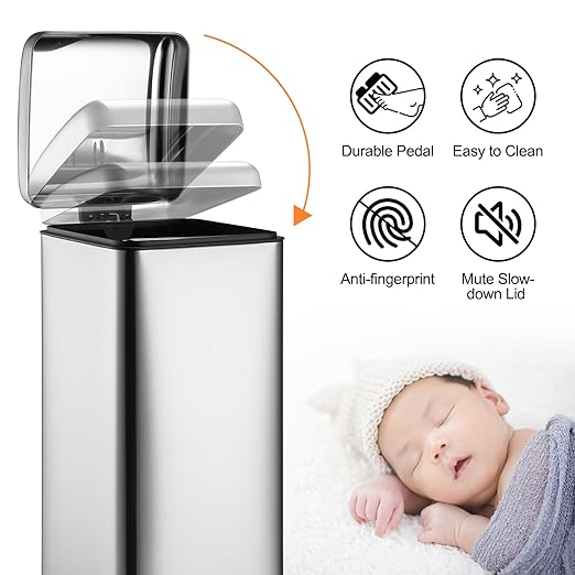 30 Liter/8 Gallon Kitchen Trash Can, Fingerprint-Proof Stainless Steel Garbage Can with Soft Close Lid, Foot Pedal, Removable Inner Bucket for Home, Office, Bedroom, Bathroom, Silver