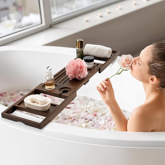 Teak Bathtub Tray Expandable Bathroom Tray for Home Spa Relaxation, Wooden Tray Caddy for Bathtub, Teak Bathtub Caddy as Unique Housewarming, Birthday, Wedding Shower Gifts (Dark Walnut)