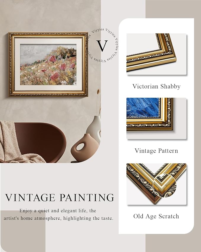 VIYYIEA Gold Framed Wall Art Canvas Print Home Decor Flower Art Vintage Botanical Print Rustic Farmhouse Wall Decor Mid Century Modern Art Coastal Print Floral Room Decor Wall Pictures Bedroom 13x16in