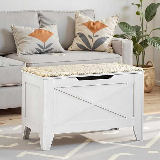 VECELO 30" Farmhouse Style Storage Bench, Entryway Shoe Ottoman, with Handwoven Cushion, with Metal Safety Hinges, for Bedroom, Living Room, Entryway, White
