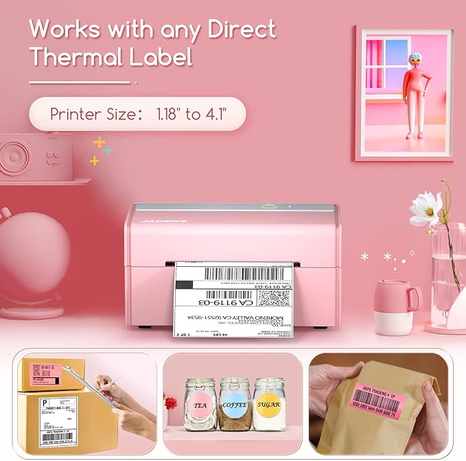 JADENS Bluetooth Thermal Label Printer -Wireless Shipping Label Printer for Small Business & Package, USPS, Etsy, Amazon, Compatible with iPhone, iPad, Mac, Windows, Android, 4x6, Label Maker, Pink