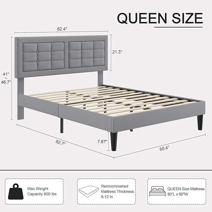 VECELO Queen Size Bed Frame with Adjustable Headboard, Upholstered Button Tufted Platform Bedframe with Wood Slats Support, No Box Spring Needed, Light Grey