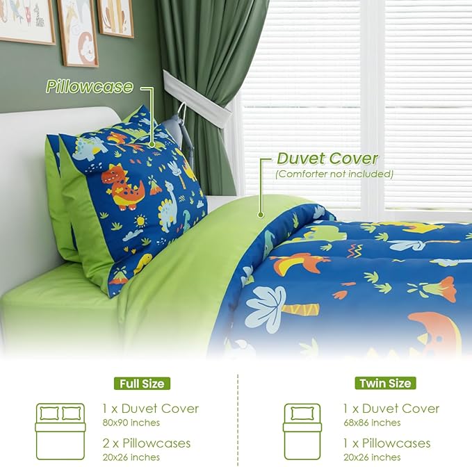 SANDJEST Dinosaur Design Duvet Cover Sets Full Size for Kids Boys, Incude 1 Comforter Cover 80x90 Inches and 2 Pillowcases 20x26 Inches, Comforter Not Included, Gift for Christmas Birthday