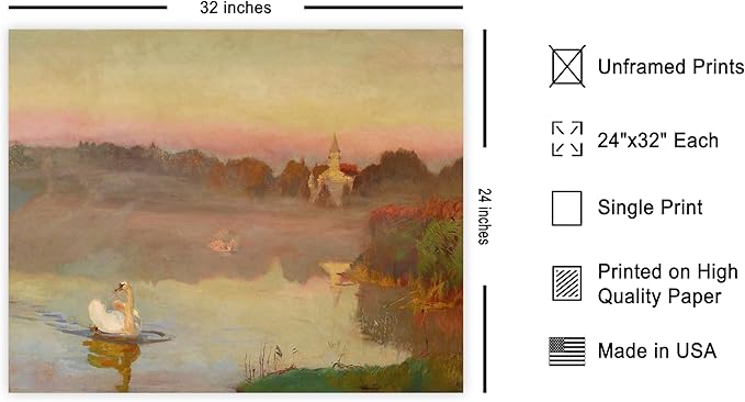 Poster Master Vintage Pond in Radziejowice Poster - Retro Swan Print - Lake Art - Landscape Art - Farmhouse Art - Animal Lover Art - Aesthetic Living Room or Office Decor, 24x32 Unframed Wall Art