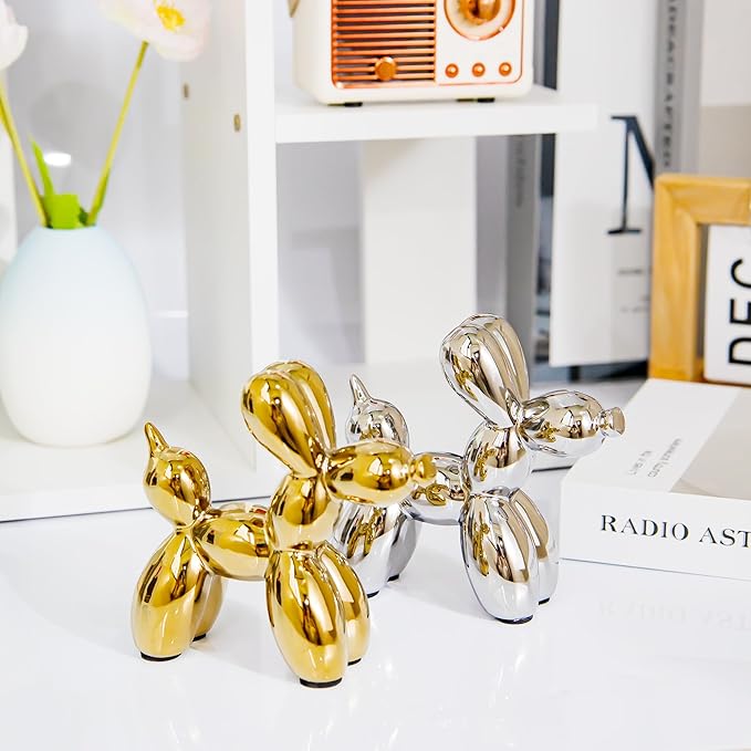Creative Balloon Dog Statues Small Ceramic Animal Sculpture Modern Home Decor Living Room Desktop Decorations Bedroom Office Cabinet Ornament (Gold)