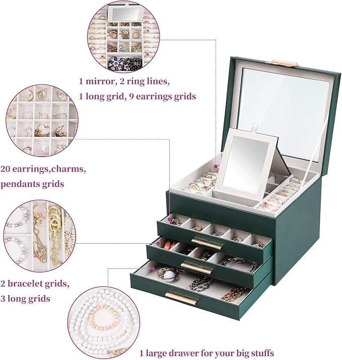 BOOVO Clear Lid Jewelry Box,4 Layers Jewelry Organizer Large Jewelry Storage Box with 3 Drawers,Jewelry Holder Organzier of Rings Earrings Necklace Bracelets for Women (Dark Green, 4 Layer)