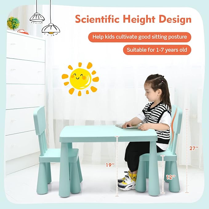 LDAILY Kids Table and Chairs, 3-Piece Children Arts Nursery Furniture for Drawing, Reading, and Painting, Light Weight Plastic Activity Kids Desk and Chair Set for Playroom, Kindergarten (Green)