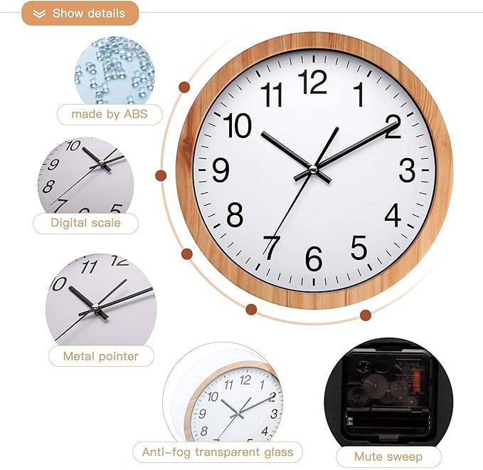 NUOVO 10 Inch Wooden Round Wall Clock Silent & Non-Ticking Retro Wall Clock Operated for Living Room Bedroom Kitchen(26 cm/ 10")